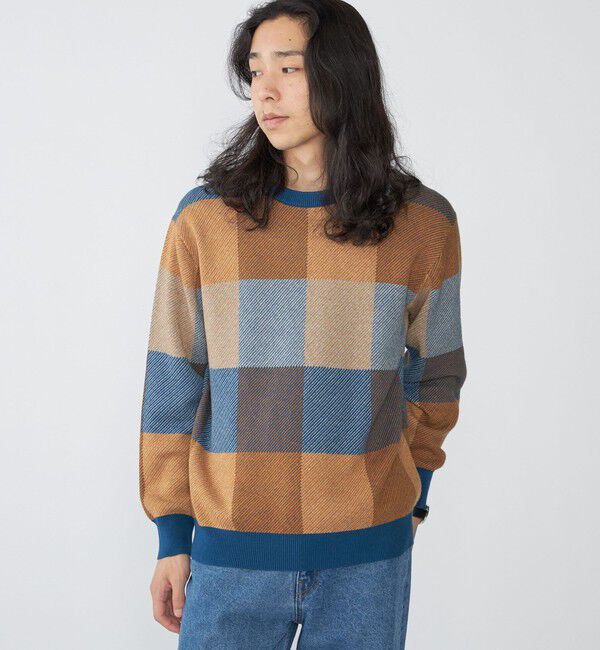 SHIPS「SHIPS:〈手洗い可能〉コットン カシミヤ チェック クルーネック ニット」|ニット・セーター|