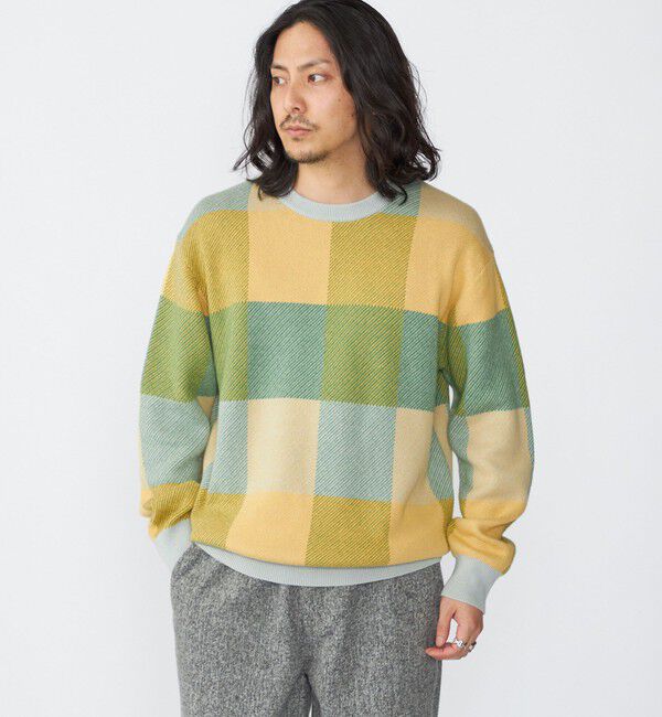 SHIPS「SHIPS:〈手洗い可能〉コットン カシミヤ チェック クルーネック ニット」|ニット・セーター|イエロー