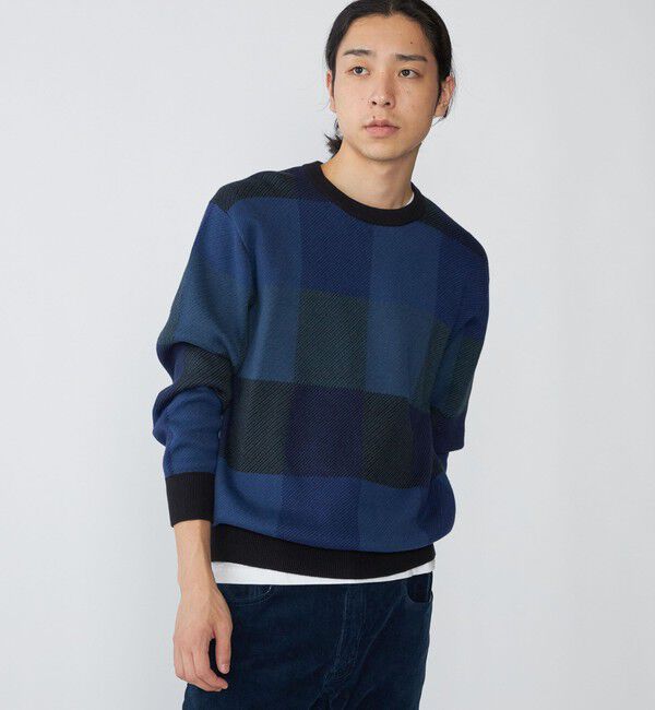 SHIPS「SHIPS:〈手洗い可能〉コットン カシミヤ チェック クルーネック ニット」|ニット・セーター|ネイビー