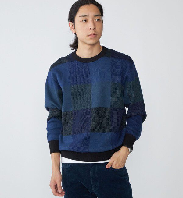 SHIPS「SHIPS:〈手洗い可能〉コットン カシミヤ チェック クルーネック ニット」|ニット・セーター|