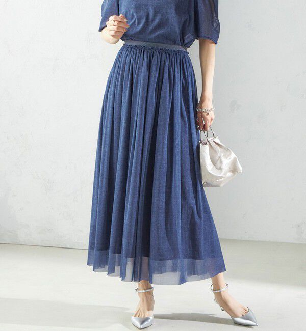 SHIPS for women「troisiemeCHACO:〈手洗い可能〉デニム プリント チュール スカート」|スカート|ネイビー