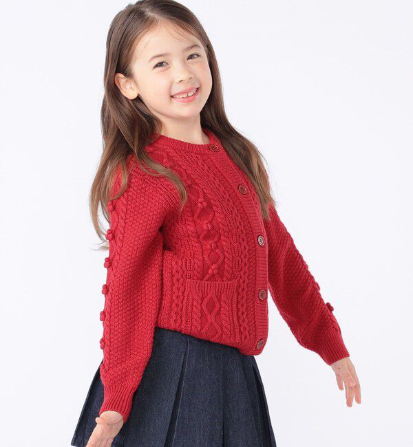 SHIPS KIDS「SHIPS KIDS:100～130cm /〈洗濯機可能〉ケーブル ニット ポンポン カーディガン」|カーディガン|レッド