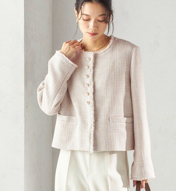 SHIPS for women「《一部追加予約》トライスピン 杢 ツイード パール モチーフ ボタン ジャケット（セレモニー対応可）」|ノーカラージャケット|ライトグレー