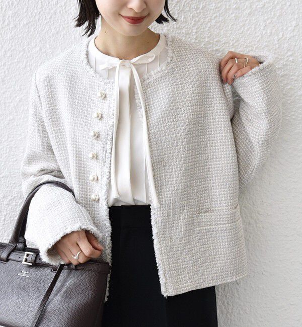 SHIPS for women「《一部追加予約》トライスピン 杢 ツイード パール モチーフ ボタン ジャケット（セレモニー対応可）」|ノーカラージャケット|