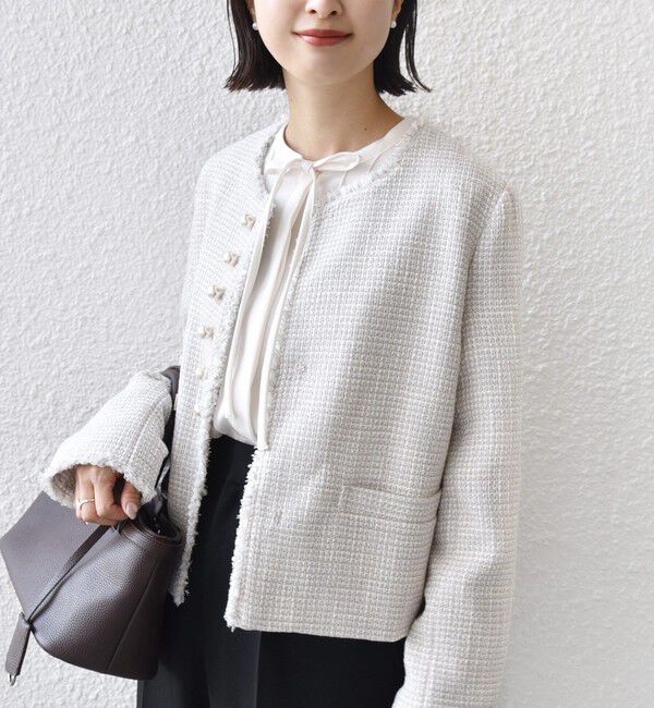 SHIPS for women「《一部追加予約》トライスピン 杢 ツイード パール モチーフ ボタン ジャケット（セレモニー対応可）」|ノーカラージャケット|