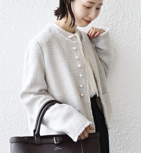 SHIPS for women「《一部追加予約》トライスピン 杢 ツイード パール モチーフ ボタン ジャケット（セレモニー対応可）」|ノーカラージャケット|