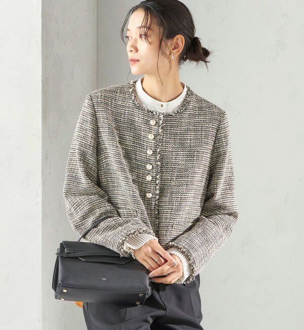 SHIPS for women「《一部追加予約》トライスピン 杢 ツイード パール モチーフ ボタン ジャケット（セレモニー対応可）」|ノーカラージャケット|