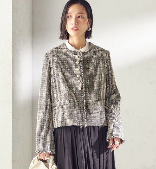 SHIPS for women「《一部追加予約》トライスピン 杢 ツイード パール モチーフ ボタン ジャケット（セレモニー対応可）」|ノーカラージャケット|