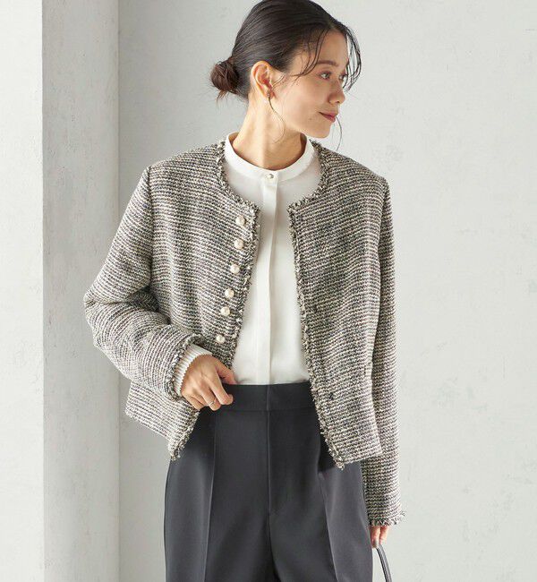 SHIPS for women「《一部追加予約》トライスピン 杢 ツイード パール モチーフ ボタン ジャケット（セレモニー対応可）」|ノーカラージャケット|