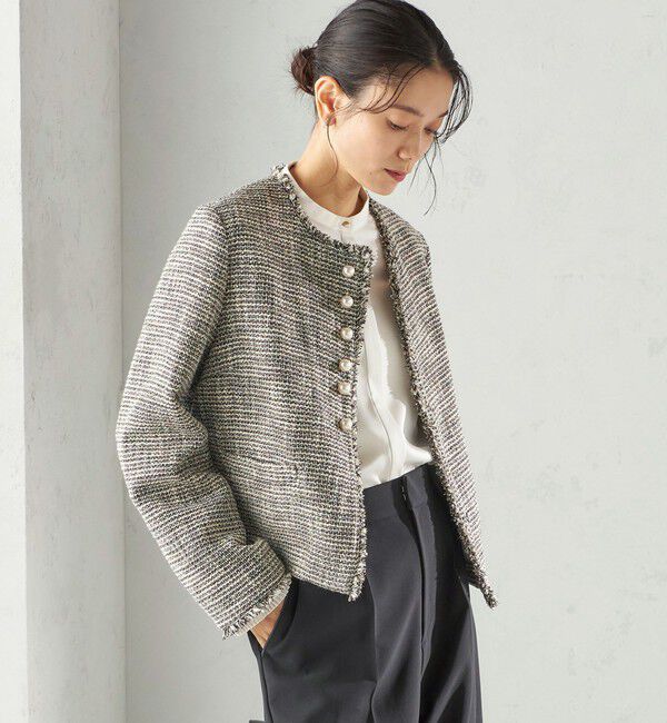 SHIPS for women「《一部追加予約》トライスピン 杢 ツイード パール モチーフ ボタン ジャケット（セレモニー対応可）」|ノーカラージャケット|