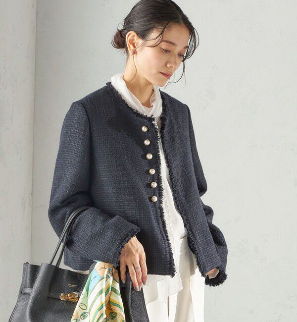 SHIPS for women「《一部追加予約》トライスピン 杢 ツイード パール モチーフ ボタン ジャケット（セレモニー対応可）」|ノーカラージャケット|