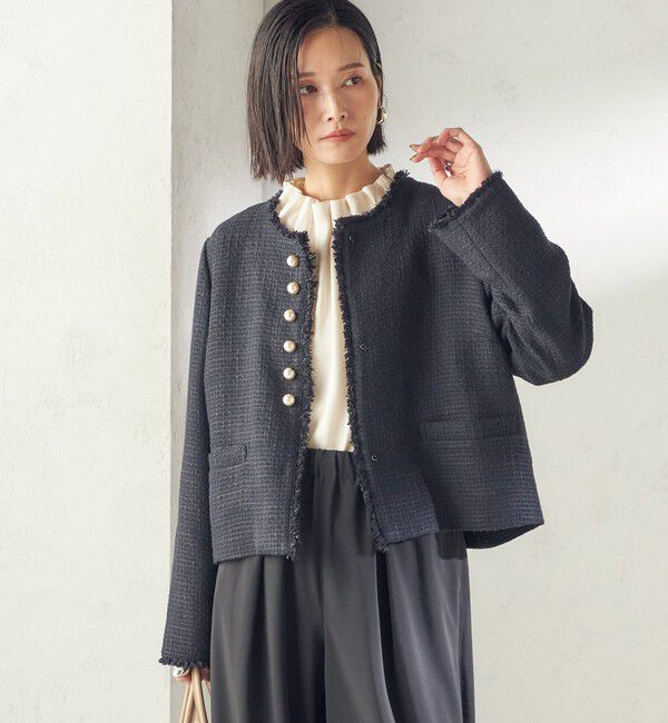 SHIPS for women「《一部追加予約》トライスピン 杢 ツイード パール モチーフ ボタン ジャケット（セレモニー対応可）」|ノーカラージャケット|