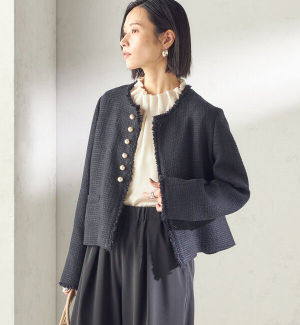 SHIPS for women「《一部追加予約》トライスピン 杢 ツイード パール モチーフ ボタン ジャケット（セレモニー対応可）」|ノーカラージャケット|