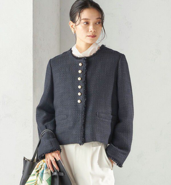 SHIPS for women「《一部追加予約》トライスピン 杢 ツイード パール モチーフ ボタン ジャケット（セレモニー対応可）」|ノーカラージャケット|