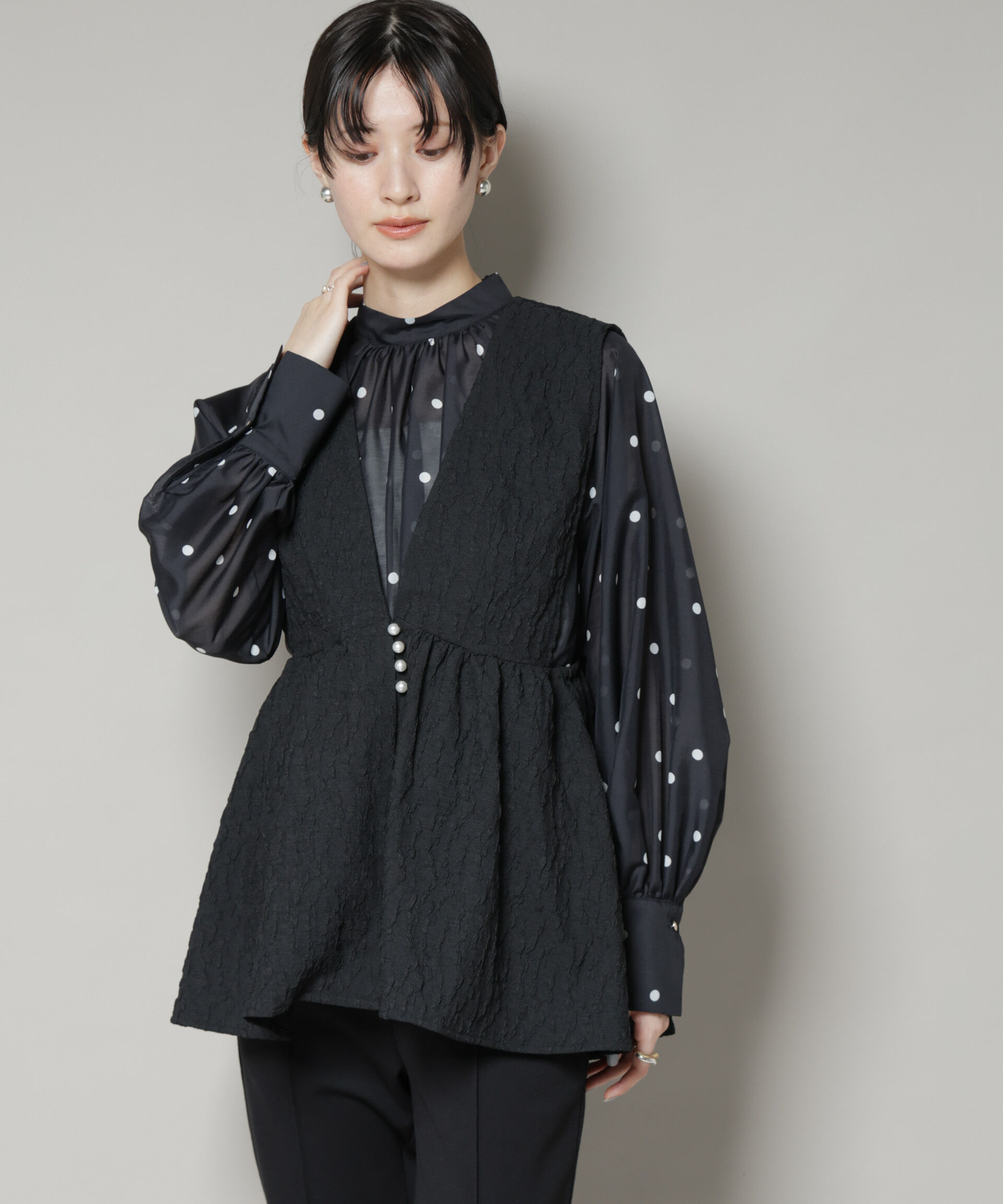 nano･universe「troisiemechaco/PUFFY JACQUARD　ジレ」|テーラードジャケット|ブラック