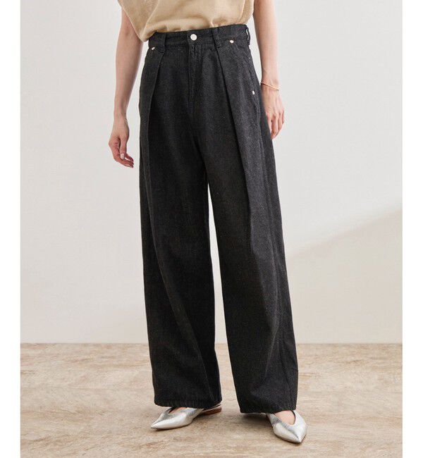 ROPE「【洗える】ワンタック ワイドデニムパンツ」|デニム|ブラック(01)