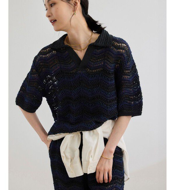 ROPE「【COOHEM（コーヘン）】ZIGZAG SUKASHI KNIT PULLOVER【WEB・一部店舗限定】【一部別注カラー】/洗える」|ポロシャツ|ブラック(01)