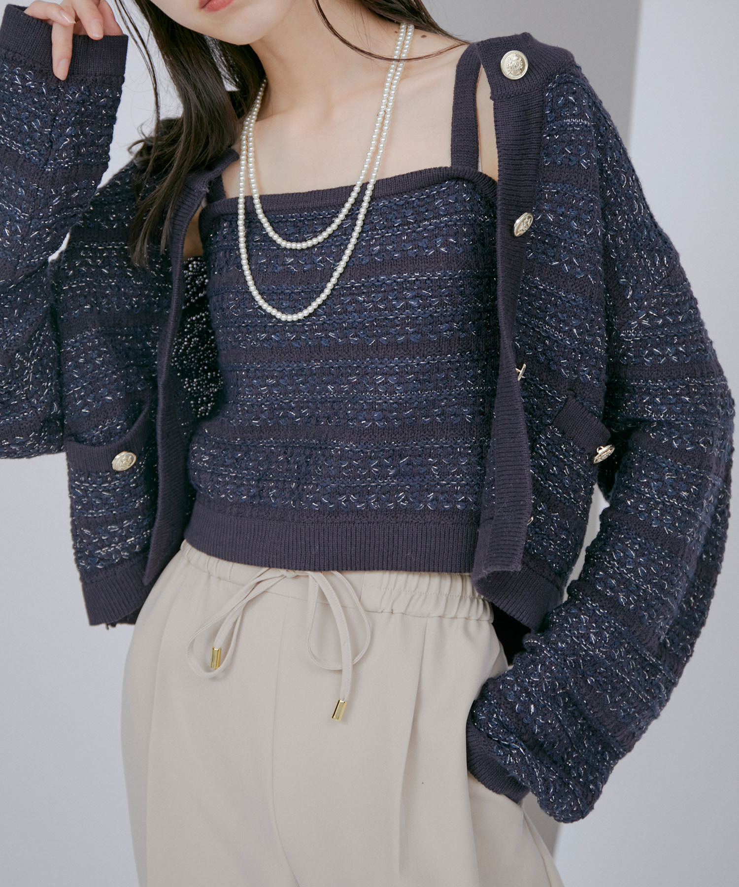 VIS「【アンサンブル対応】ツイードニットビスチェ」|キャミソール|ネイビー(40)