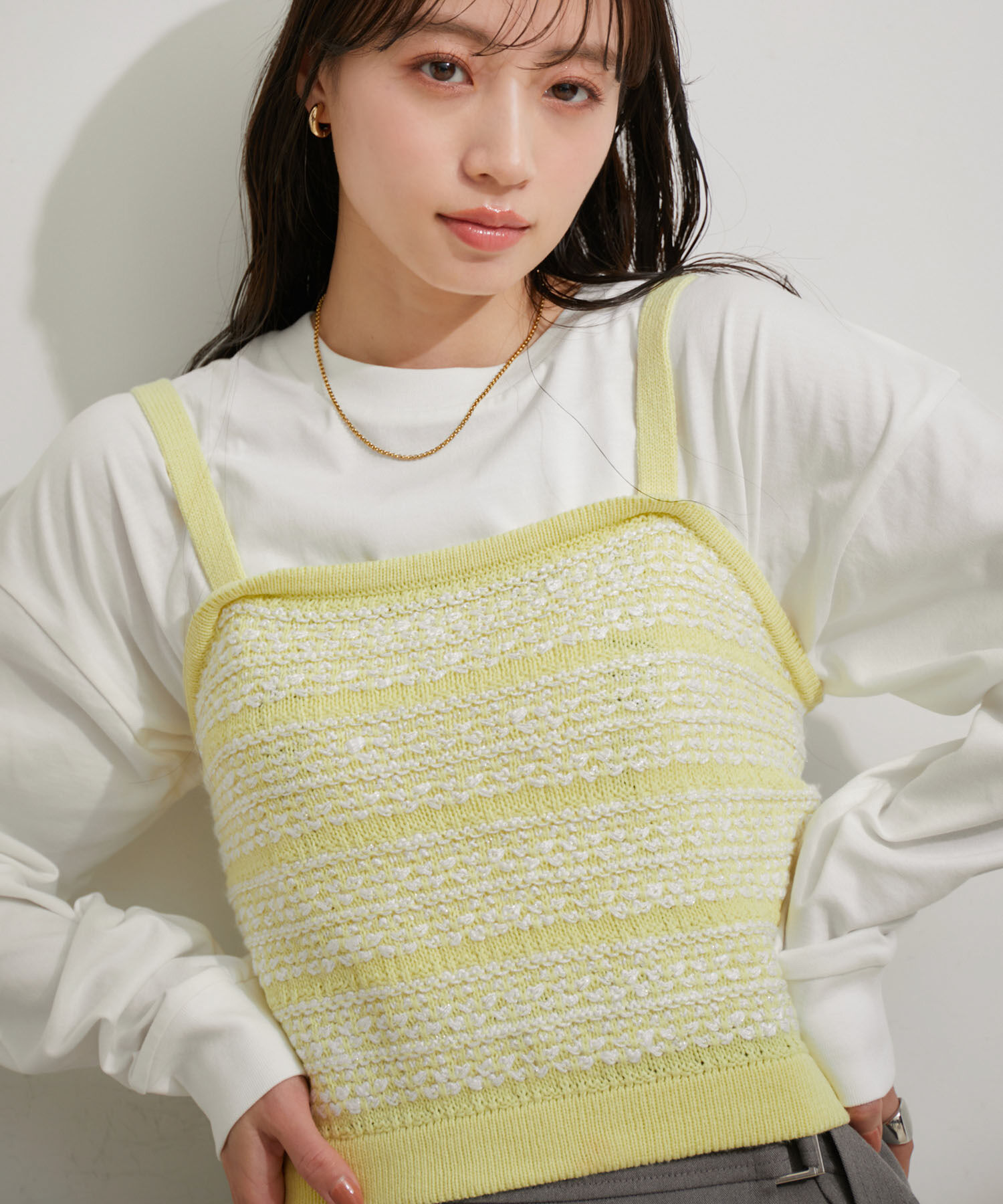 VIS「【アンサンブル対応】ツイードニットビスチェ」|キャミソール|イエロー(80)