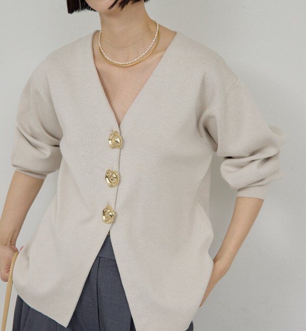  「ビジューVネックカーディガン」|ニット・セーター|グレージュ