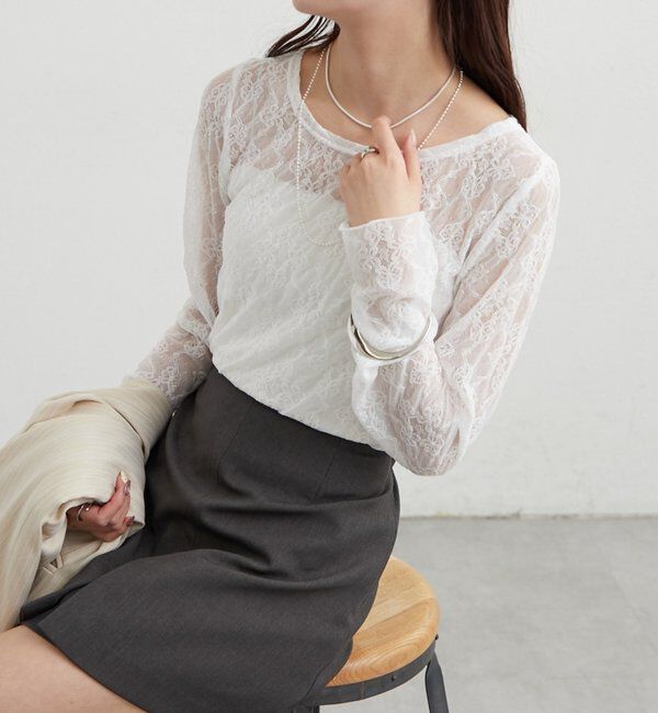  「裾ギャザーレースロングTシャツ」|Tシャツ・カットソー|