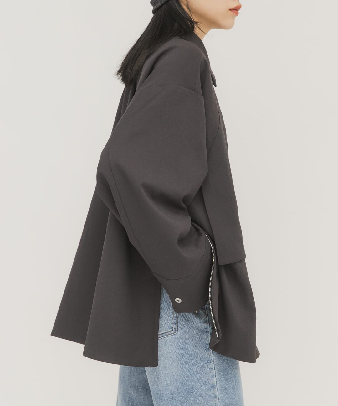  「ポケットディティールジャケット」|ノーカラーコート|チャコールグレー