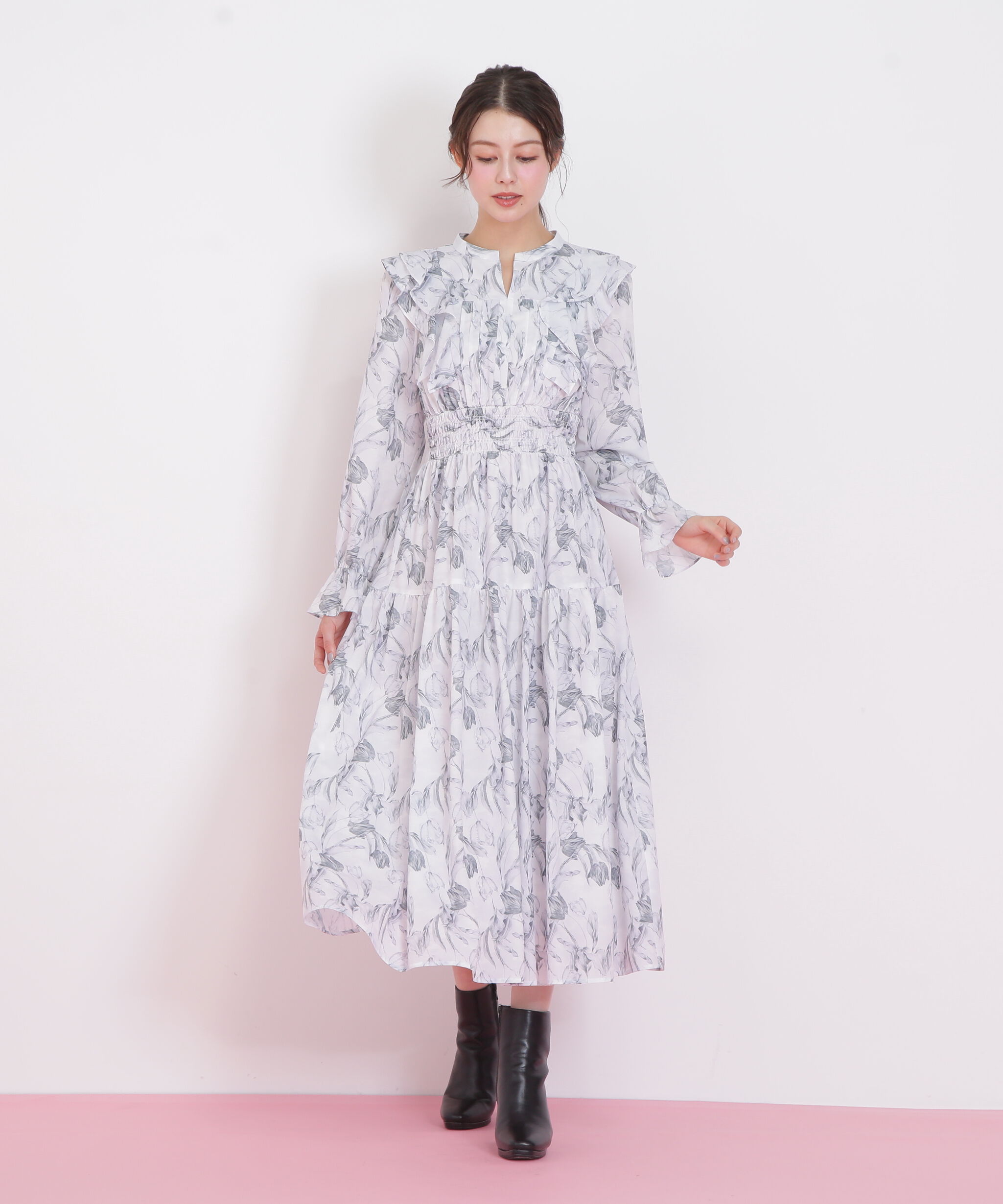  「ピンタック花柄ワンピース」|ワンピース|