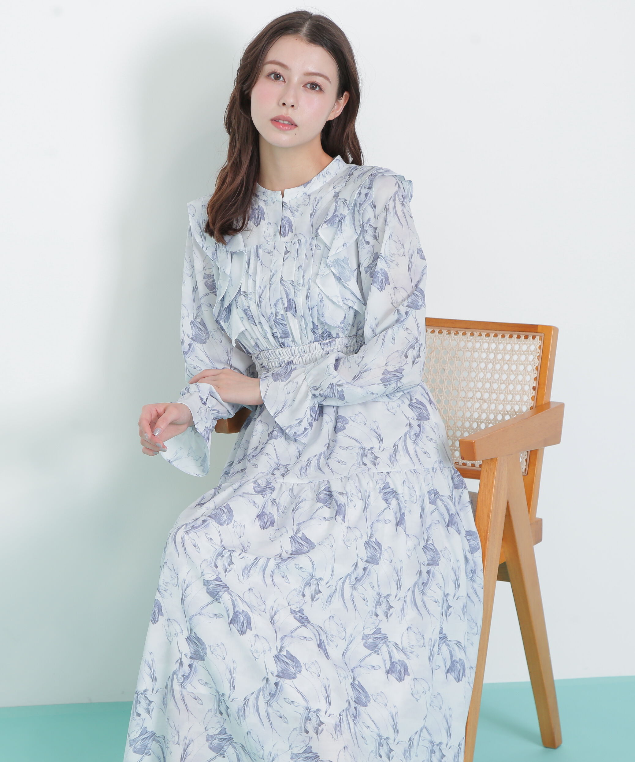  「ピンタック花柄ワンピース」|ワンピース|ブルー