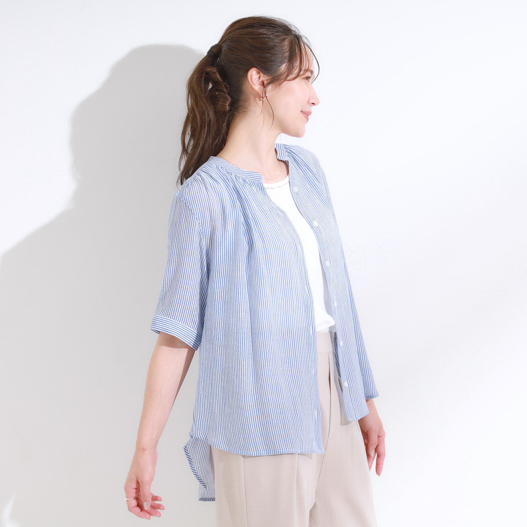 SHOO･LA･RUE「【S-LL/2点セット】着るだけでコーデが決まる 麻調5分袖ブラウス＋タンクトップ」|シャツ・ブラウス|