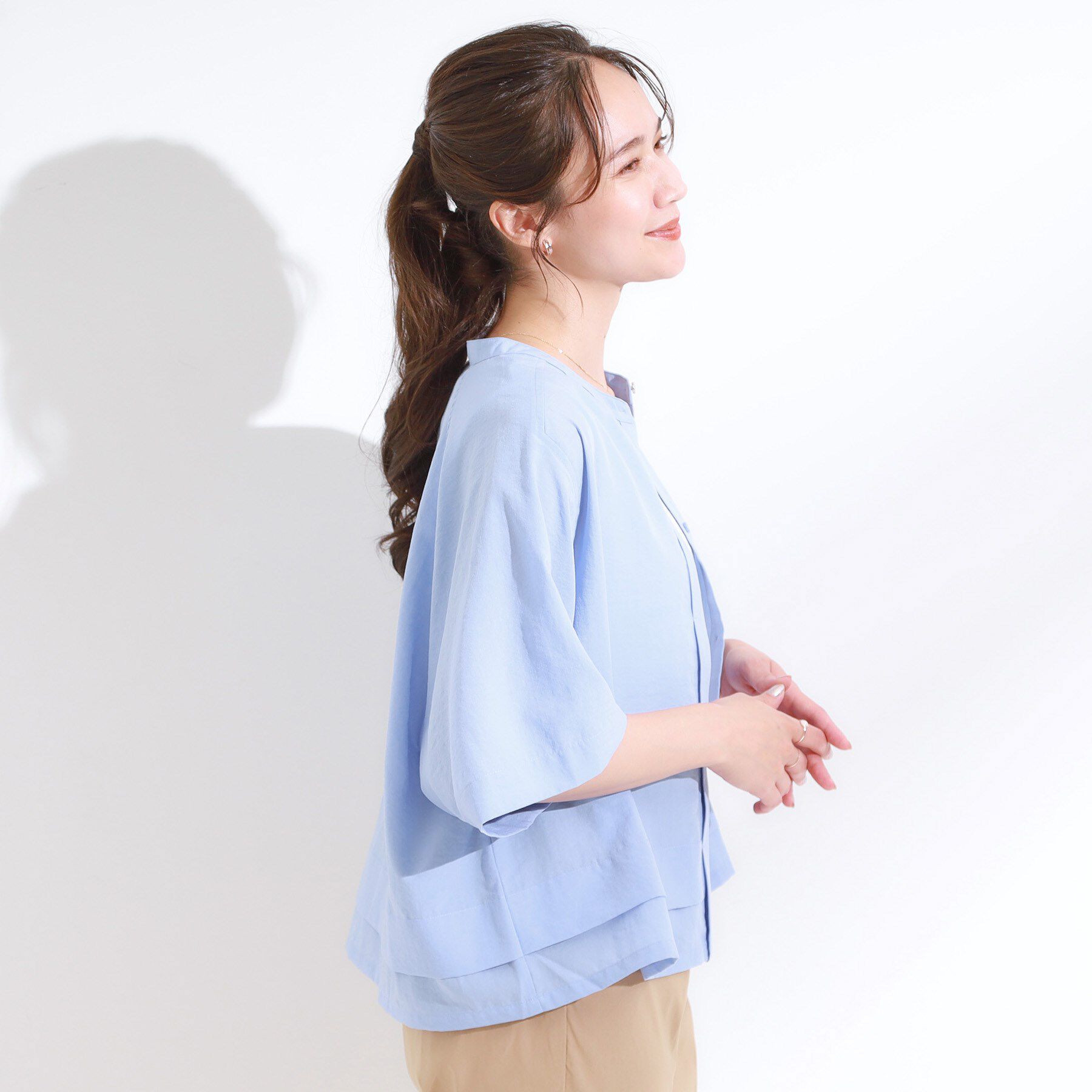 SHOO･LA･RUE「【洗濯後しわになりにくい/UV/吸水速乾】大人きれいな バンドカラーシャツ」|シャツ・ブラウス|