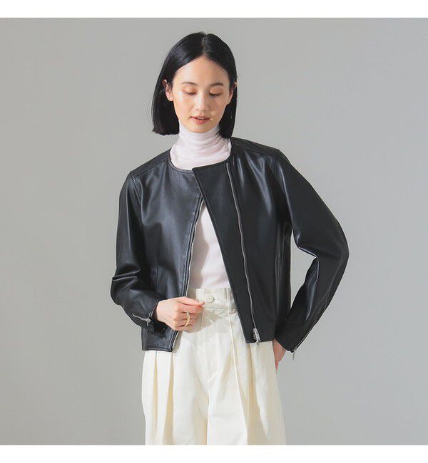 Demi-Luxe BEAMS 「マット シープスキン ノーカラー ライダース ブルゾン」|ブルゾン・スタジャン|