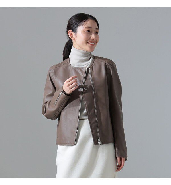 Demi-Luxe BEAMS 「マット シープスキン ノーカラー ライダース ブルゾン」|ブルゾン・スタジャン|TAUPE