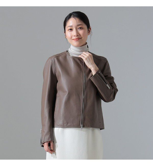 Demi-Luxe BEAMS 「マット シープスキン ノーカラー ライダース ブルゾン」|ブルゾン・スタジャン|