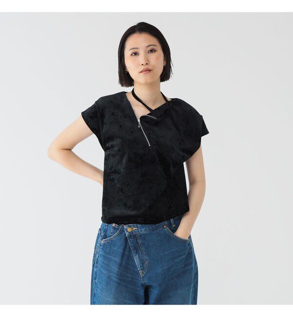BEAMSBOY「maturely / ベロア ジッパー トップ」|Tシャツ・カットソー|BLACK