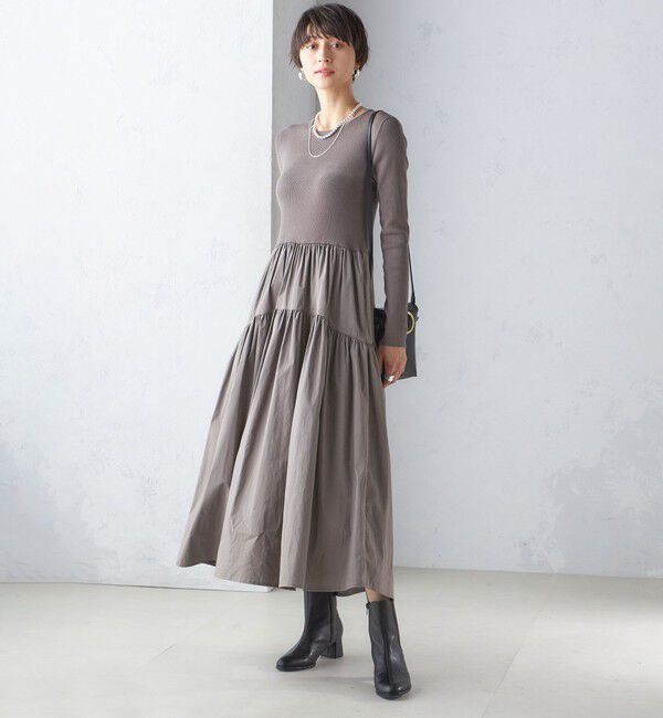 SHIPS for women「〈手洗い可能〉リブ ニット 長袖 &times; 布帛 ギャザー スカート ワンピース」|ワンピース|