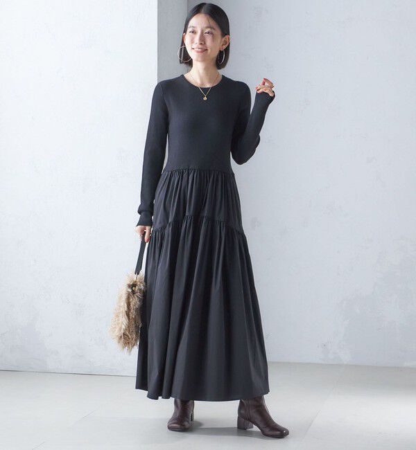 SHIPS for women「〈手洗い可能〉リブ ニット 長袖 &times; 布帛 ギャザー スカート ワンピース」|ワンピース|