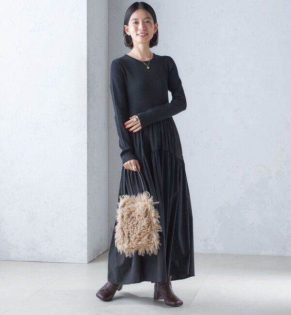 SHIPS for women「〈手洗い可能〉リブ ニット 長袖 &times; 布帛 ギャザー スカート ワンピース」|ワンピース|