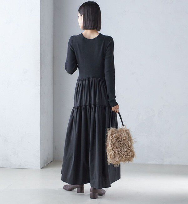 SHIPS for women「〈手洗い可能〉リブ ニット 長袖 &times; 布帛 ギャザー スカート ワンピース」|ワンピース|