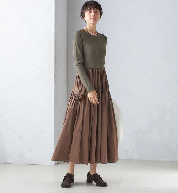 SHIPS for women「〈手洗い可能〉リブ ニット 長袖 &times; 布帛 ギャザー スカート ワンピース」|ワンピース|