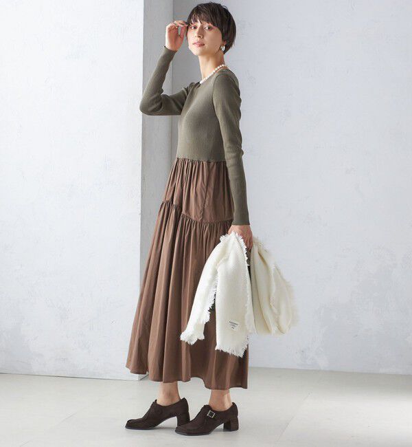 SHIPS for women「〈手洗い可能〉リブ ニット 長袖 &times; 布帛 ギャザー スカート ワンピース」|ワンピース|