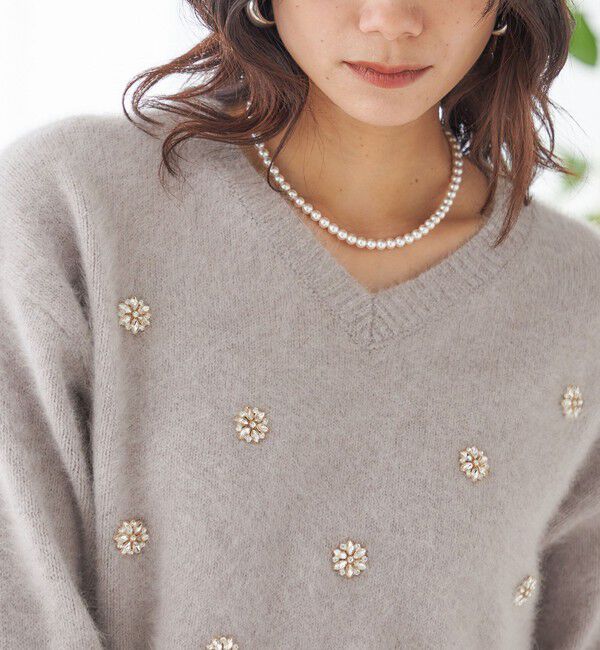 SHIPS for women「〈手洗い可能〉フォックス ビジュー Vネック ニット」|ニット・セーター|