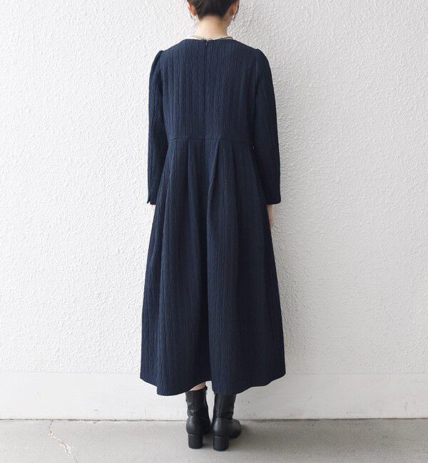 SHIPS any「SHIPS any:〈手洗い可能〉ジャカード ウエスト タック ノーカラー ワンピース［NAVY BLUE］」|ワンピース|