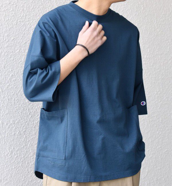 SHIPS any「【SHIPS any別注】Champion: ロゴ刺繍 ドルマン キャンプポケット Tシャツ◆」|Tシャツ・カットソー|ネイビー