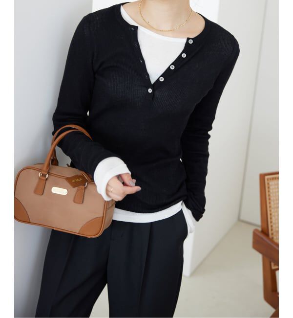 SLOBE IENA「《WEB限定/追加》スイビハイゲージヘンリープルオーバー」|ニット・セーター|ブラック