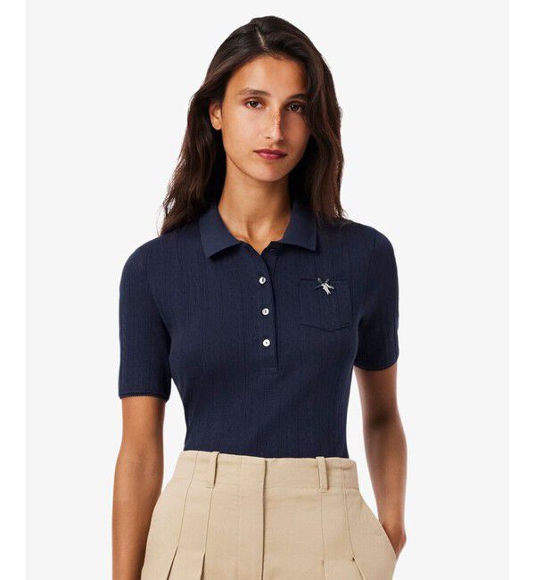 LACOSTE「レース調 リボン付き ポインテルニット 半袖ポロシャツ」|ポロシャツ|ネイビー