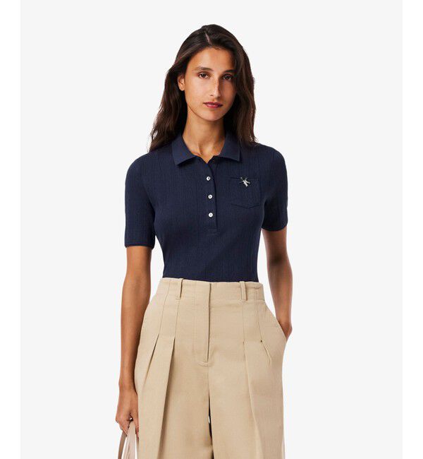 LACOSTE「レース調 リボン付き ポインテルニット 半袖ポロシャツ」|ポロシャツ|