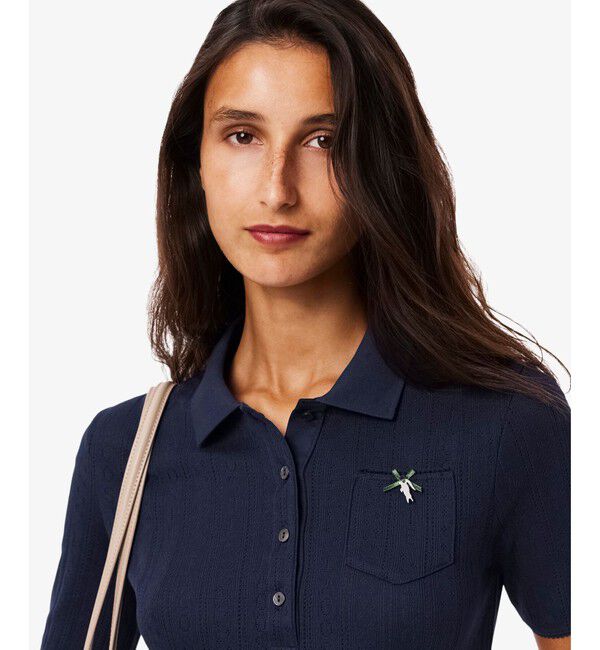 LACOSTE「レース調 リボン付き ポインテルニット 半袖ポロシャツ」|ポロシャツ|