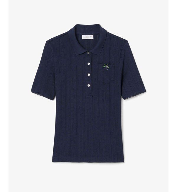 LACOSTE「レース調 リボン付き ポインテルニット 半袖ポロシャツ」|ポロシャツ|