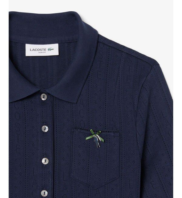 LACOSTE「レース調 リボン付き ポインテルニット 半袖ポロシャツ」|ポロシャツ|