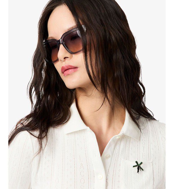 LACOSTE「レース調 リボン付き ポインテルニット 半袖ポロシャツ」|ポロシャツ|